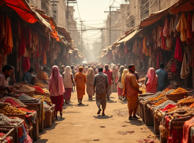 A bustling Indian marketplace with various goods on display, showcasing the diversity of Indian exports, with a subtle overlay of a graph indicating export growth targets.