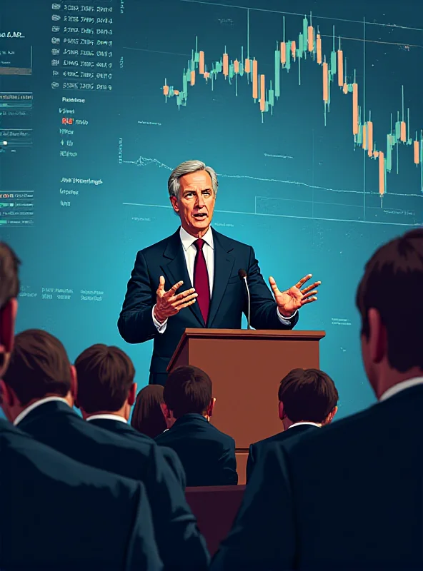 An illustration of Jerome Powell, Chairman of the Federal Reserve, giving a speech in front of a serious audience, with charts and graphs projected in the background indicating economic data.