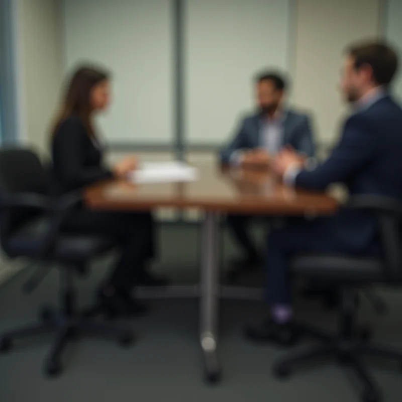 A slightly out-of-focus image of a person sitting on a wobbly chair during a job interview, with the interviewer observing their reaction with a subtle smirk.