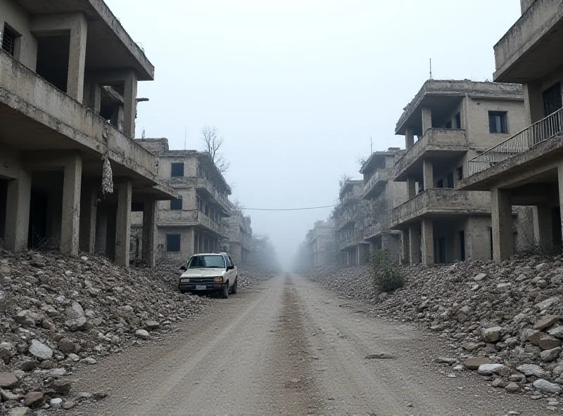 A desolate street in Syria, showing the impact of poverty and conflict. Buildings are damaged, and people are struggling to make ends meet.