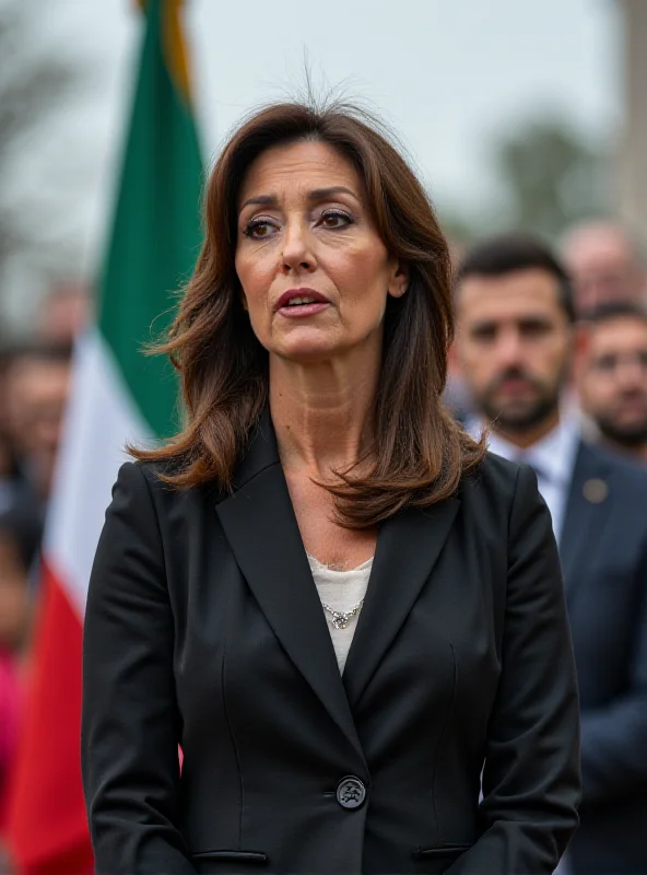 President Claudia Sheinbaum of Mexico addressing the press, looking determined. Behind her are Mexican flags and government buildings.