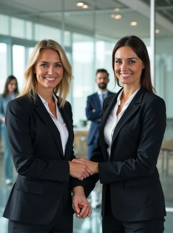 Two women shaking hands in a business setting.