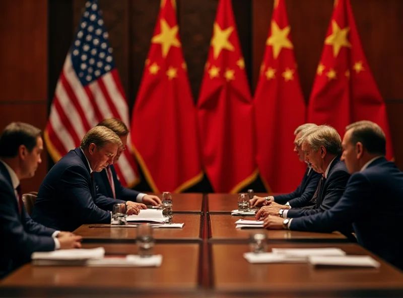 Negotiations between US and Chinese officials at a large table with flags of both countries in the background, serious expressions, formal setting.