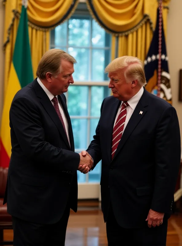 President Zelenskyy shaking hands with US President in the Oval Office, flags of both countries in the background, serious and professional atmosphere.