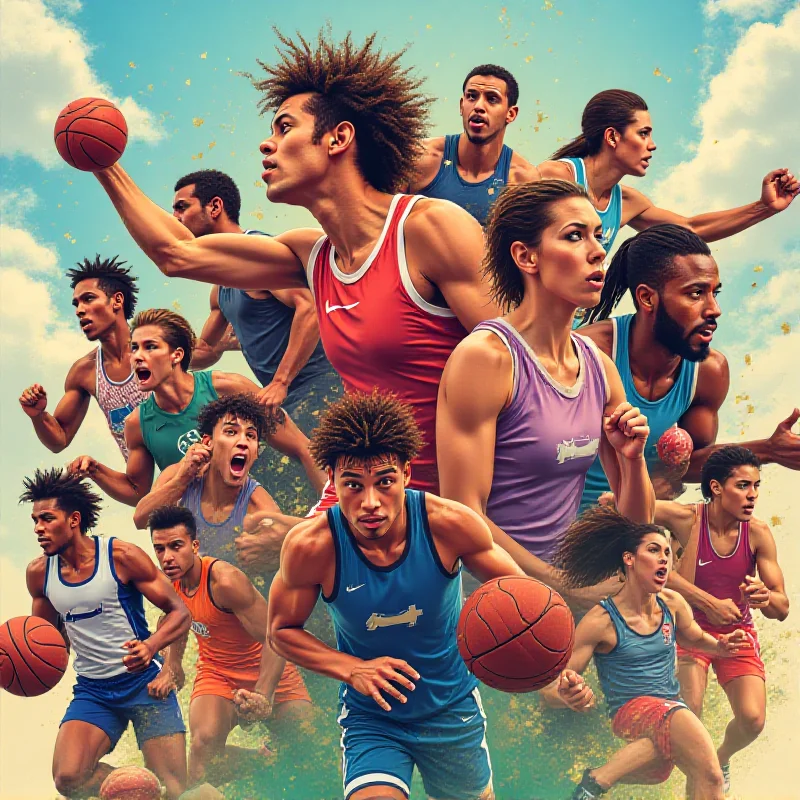 A diverse group of athletes participating in various sports, with a transgender athlete prominently featured, representing inclusion and fairness in sports, vibrant colors and dynamic composition.