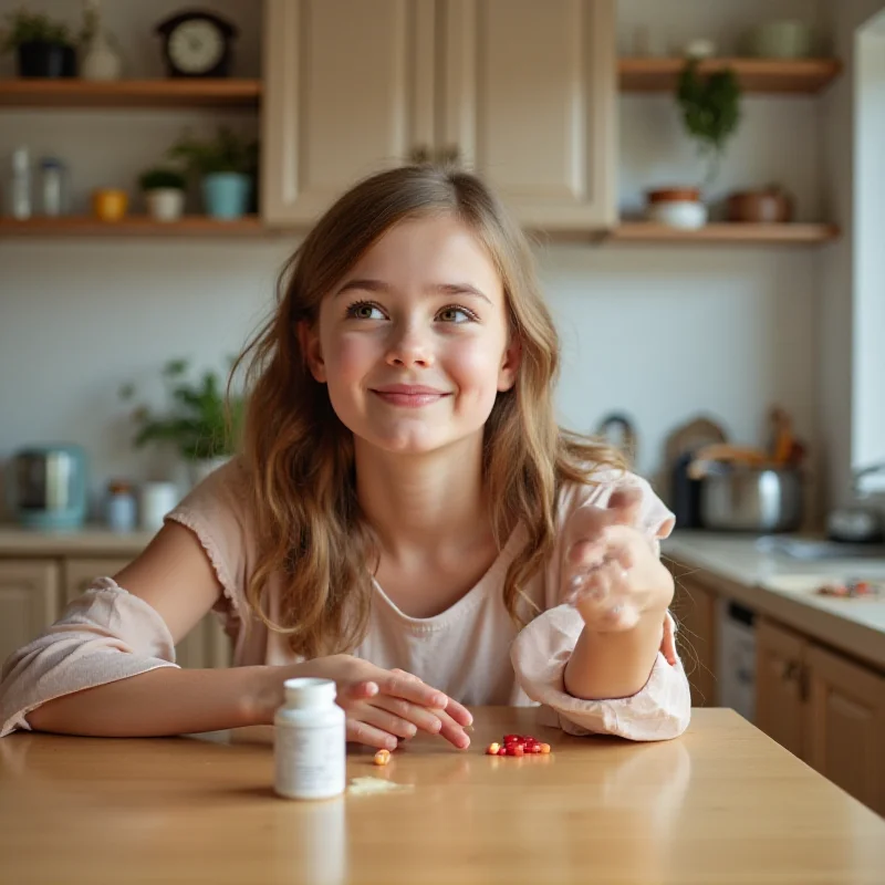 A parent giving a child a supplement.