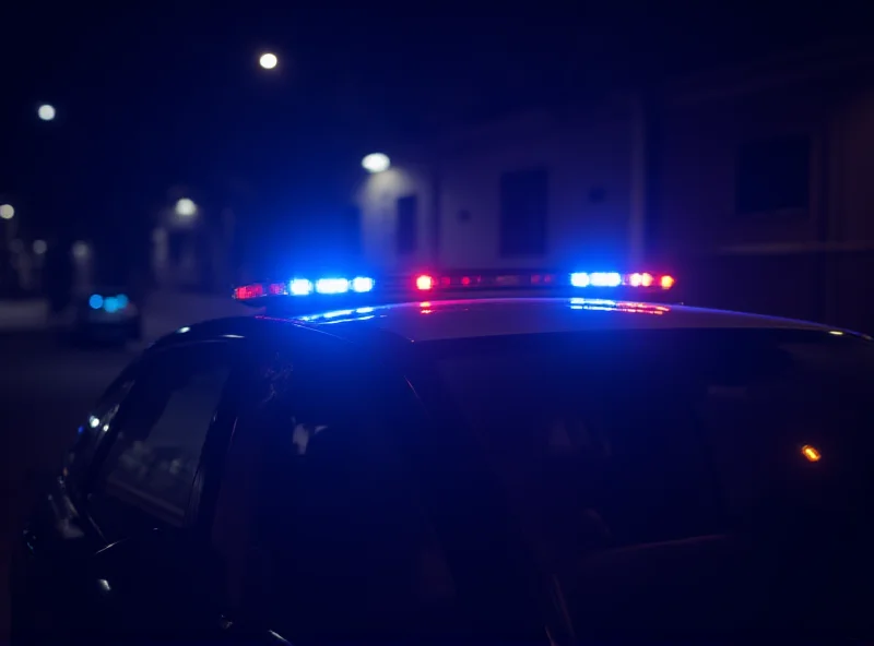 Police car at night with flashing blue lights, generic representation of law enforcement.