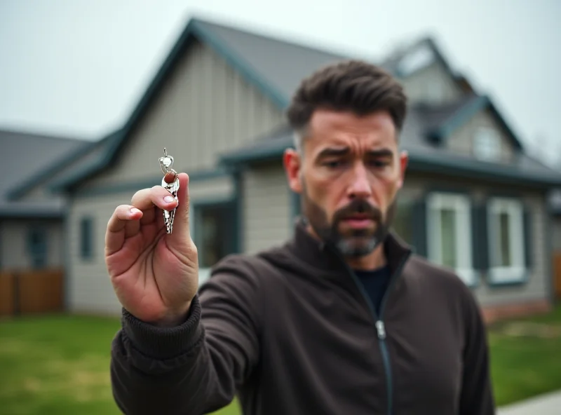 Image of a person looking stressed while holding keys to a house.