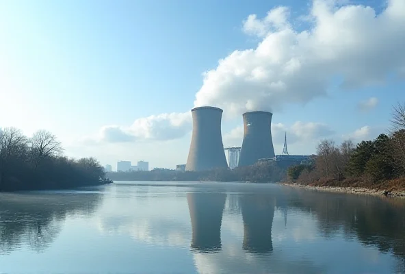 A thermal power plant with steam rising from cooling towers, next to a river.