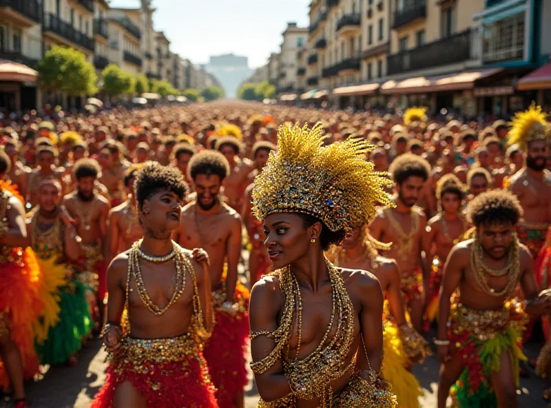 Crowd of people in colorful costumes parading during a samba school parade in Rio de Janeiro. The scene is vibrant and full of energy.