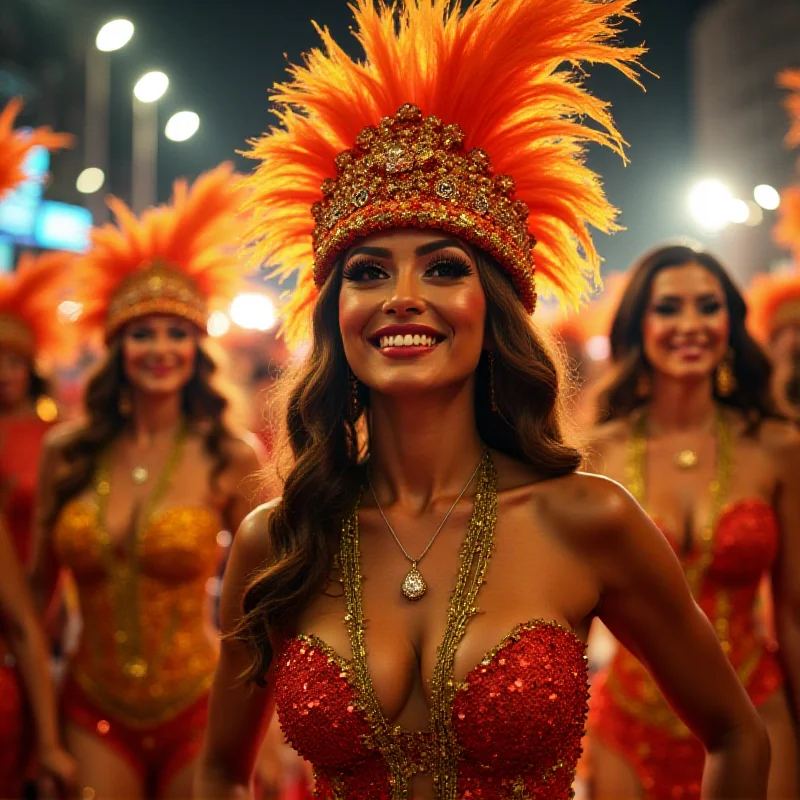 Gabz, a smiling actress, dressed in a vibrant and elaborate costume, parading with the Portela samba school in Rio de Janeiro. She is surrounded by other performers and cheering crowds.