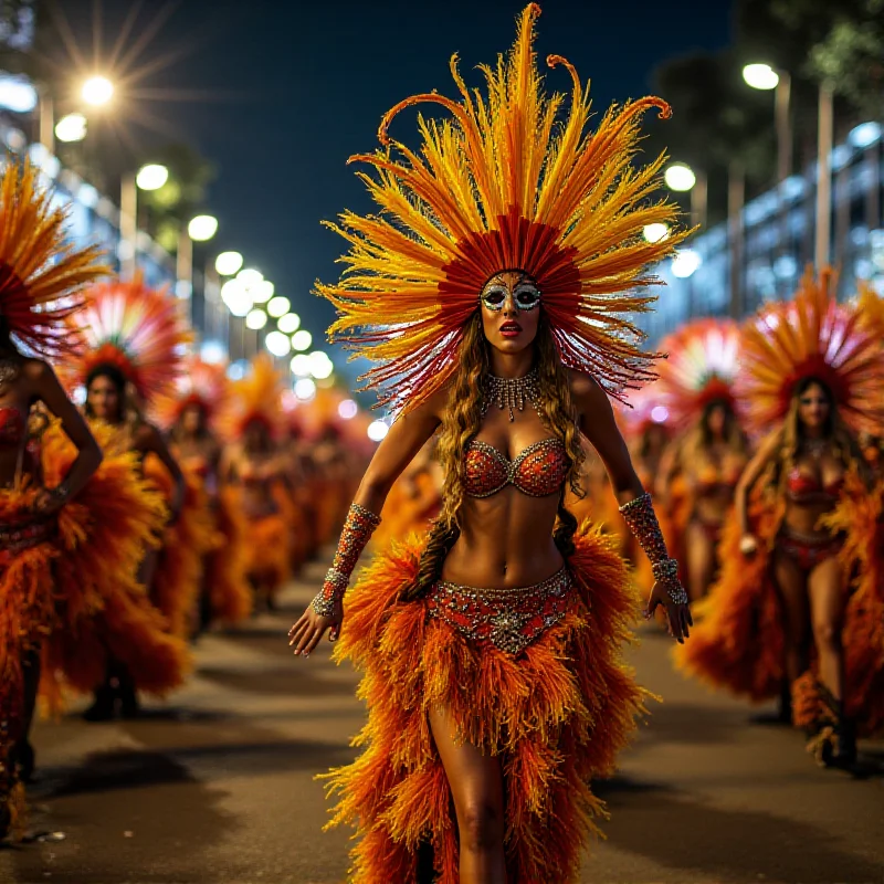 A colorful image of a Samba school parade in Rio de Janeiro with dancers in elaborate costumes.