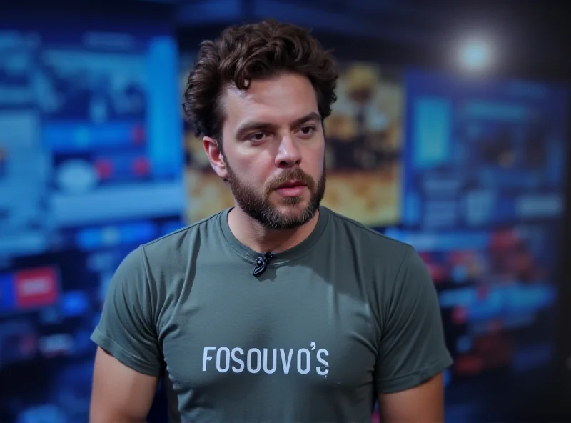 A slightly blurred image of a television screen showing João Vitor Araújo being interviewed. The focus is on his t-shirt, which has a visible profanity printed on it.