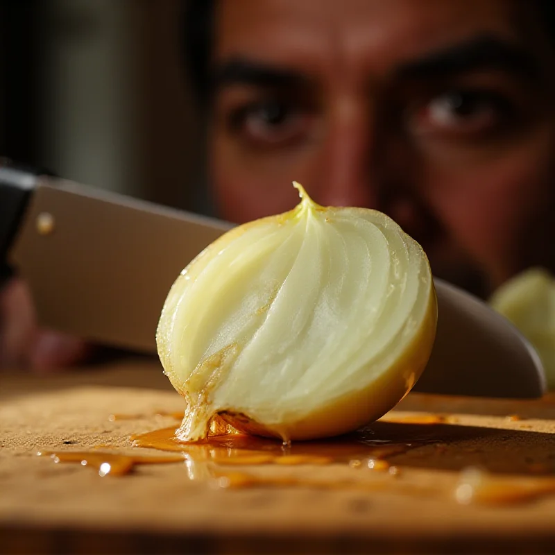 A close-up shot of an onion being sliced, with tears welling up in the eyes of the person cutting it.