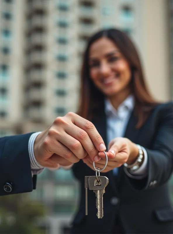 Close-up of a real estate agent handing keys to a new homeowner in Goiânia