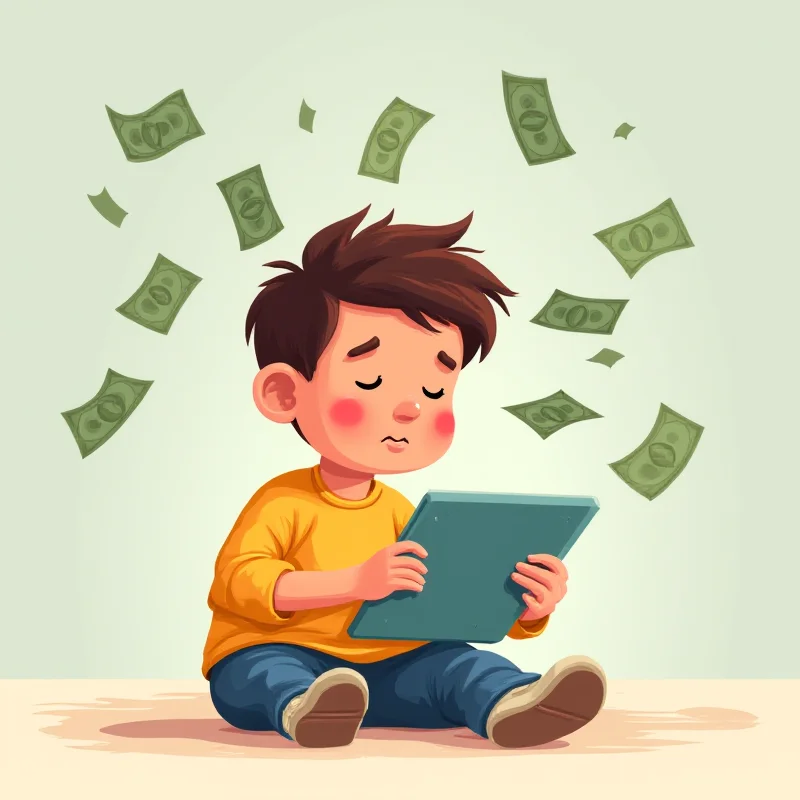 Illustration of a child looking at a tablet with money flying out of it