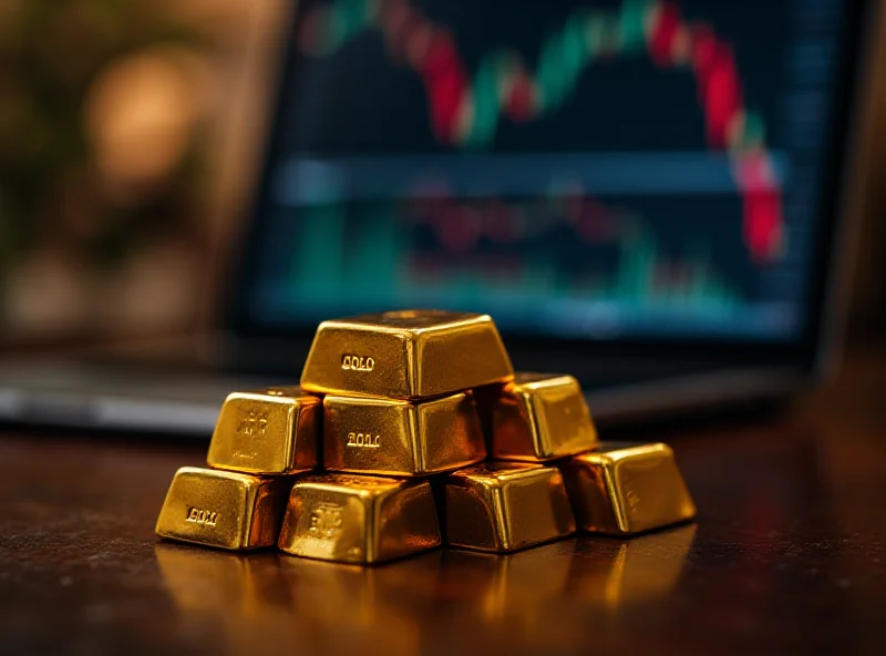 Gold bars stacked on a table with financial charts in the background, suggesting market analysis and investment.