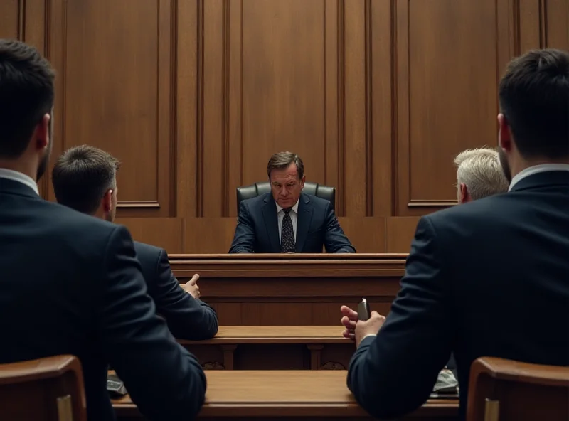 A courtroom scene with lawyers, defendants, and a judge. Focus is on the tense atmosphere and the weight of the trial.