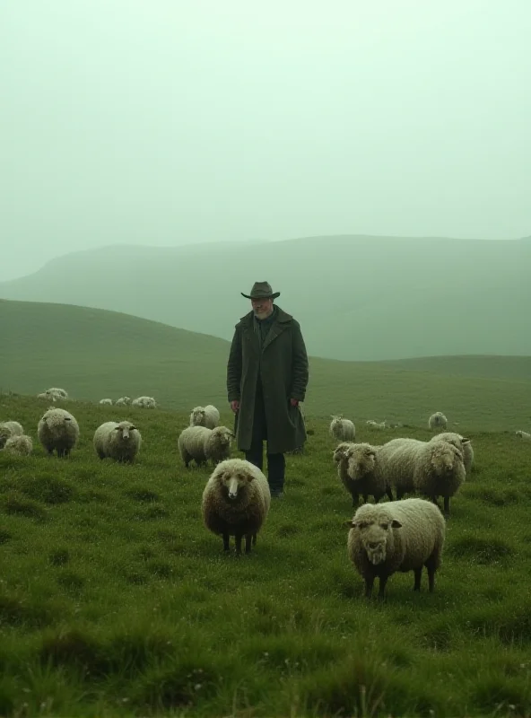 A lone farmer standing in a vast, green Dartmoor landscape, looking distressed and surrounded by a few sheep. Overcast sky adds to the somber mood.