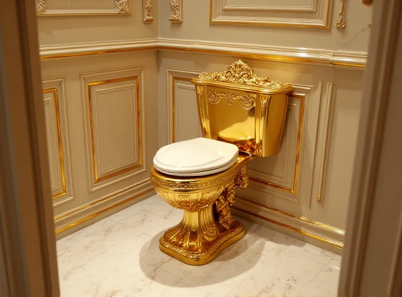 Interior of Blenheim Palace, focusing on a luxurious bathroom with an ornate gold toilet.