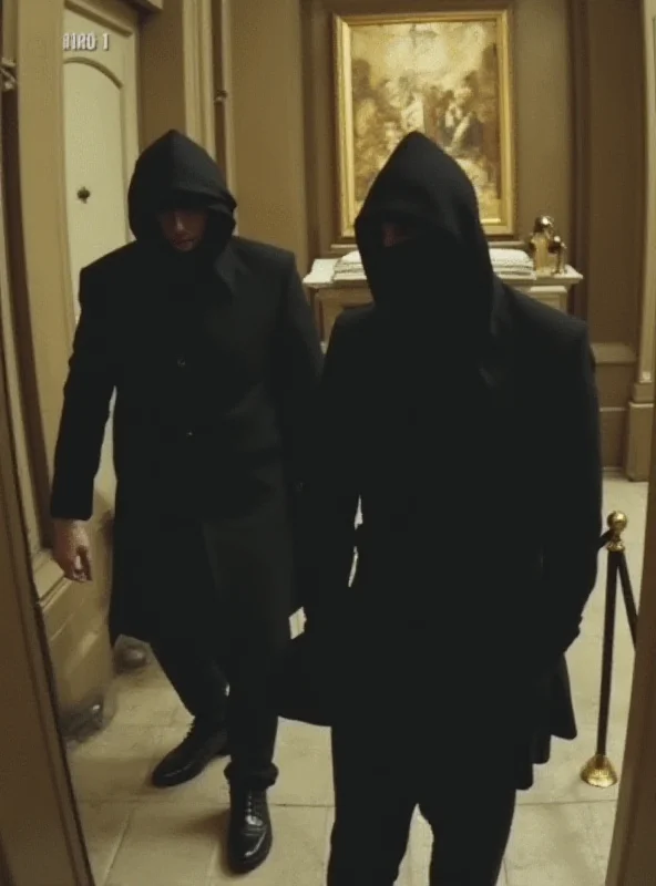 A still from security camera footage showing hooded figures inside Blenheim Palace, near a roped-off exhibit.