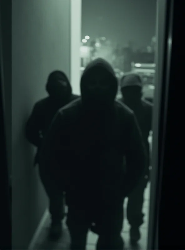 A close-up of a security camera recording blurry figures in dark clothing and hoods breaking into a building