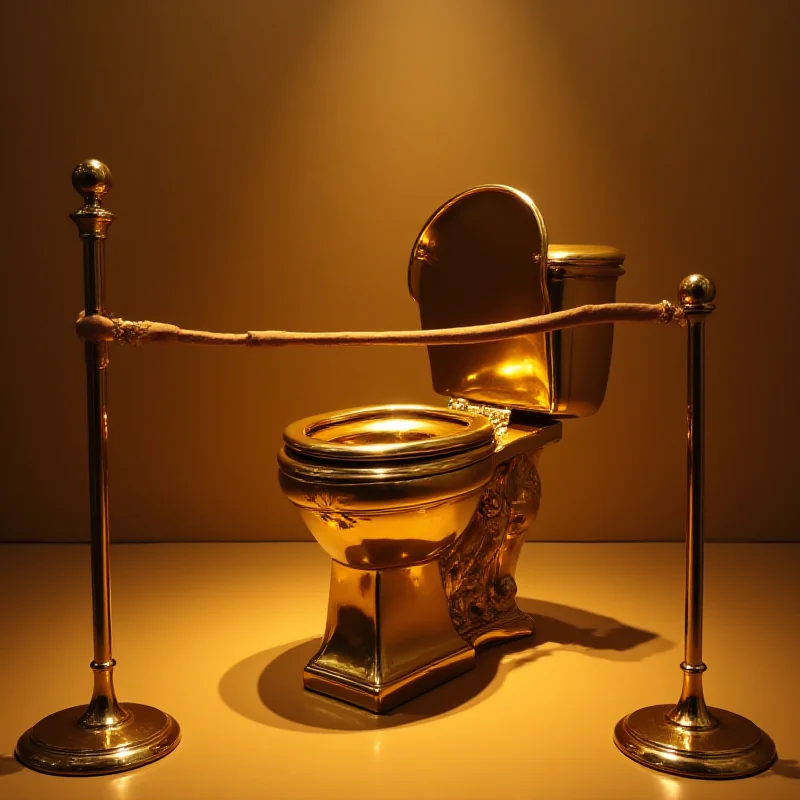 A golden toilet on display in a museum setting, roped off from the public