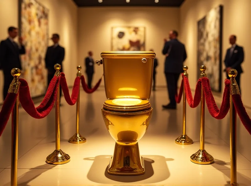 A golden toilet on display in an art gallery, surrounded by security measures.