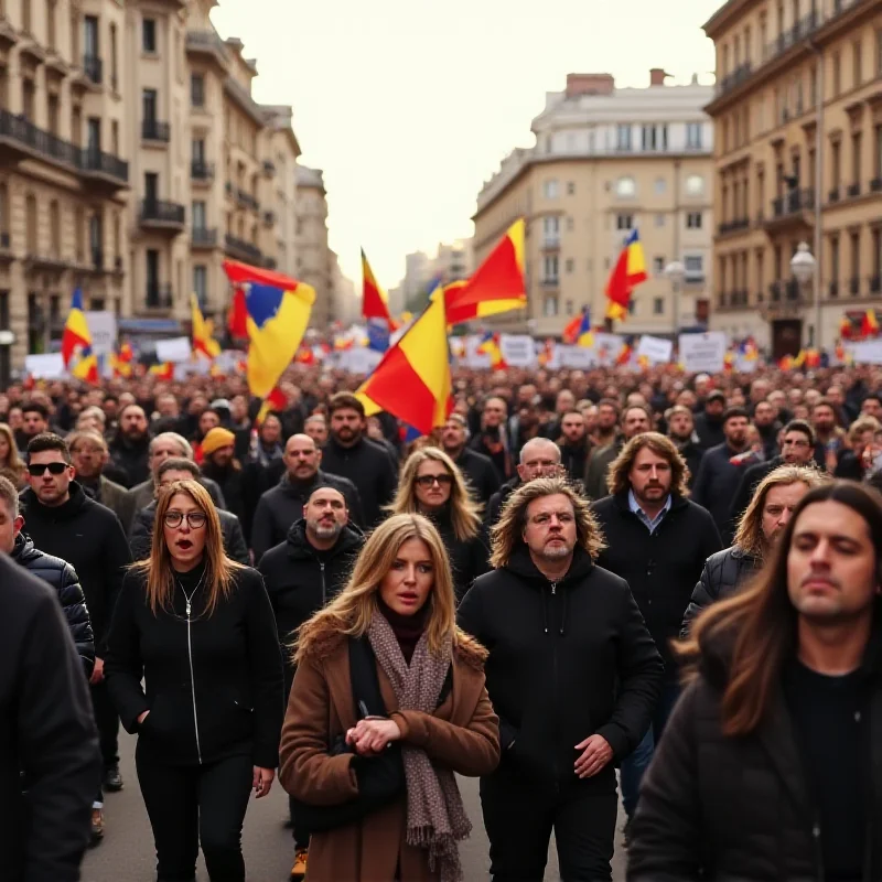 A crowd of Romanian protesters holding signs and flags, expressing their discontent with the political situation.