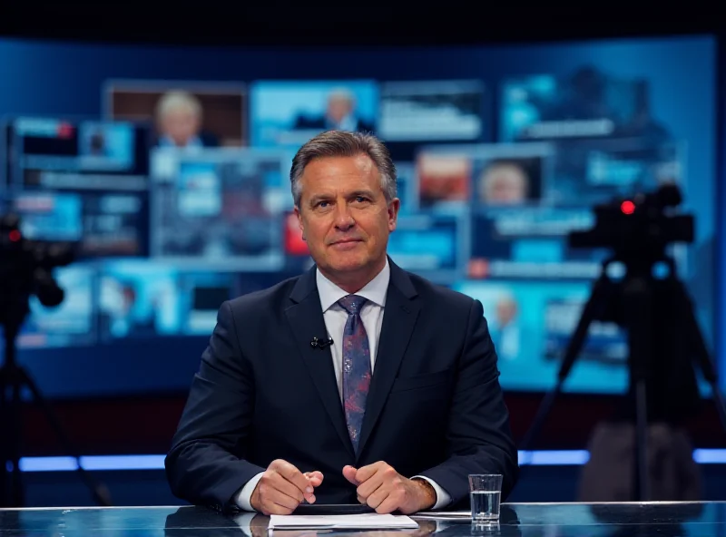 A journalist sitting at a desk with a microphone, reporting on the news, with various news headlines displayed on a screen behind them.