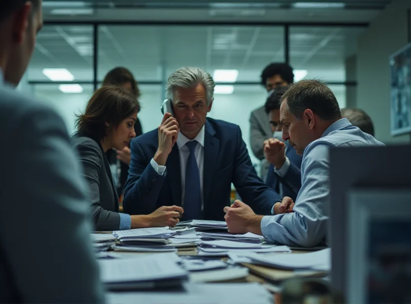 Image of a crowded office with people looking stressed, implying potential layoffs.