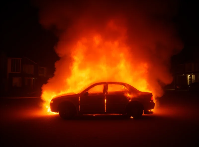 A burning car, engulfed in flames, with smoke billowing into the night sky. The scene is dramatic and suggests a deliberate act of arson.