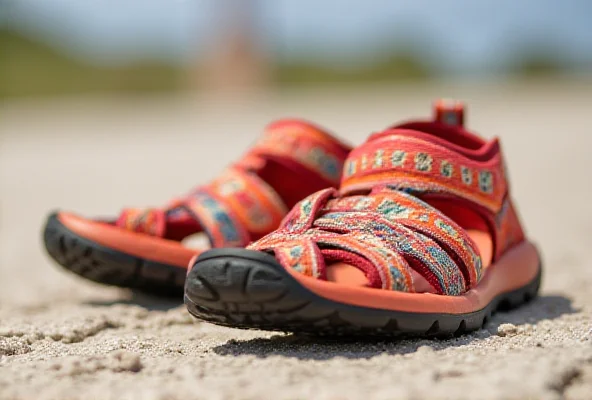 A pair of Chaco Women's Lowdown Sandals, displayed against a bright, summery background. The sandals are colorful and look comfortable, suggesting a focus on outdoor activities and style.