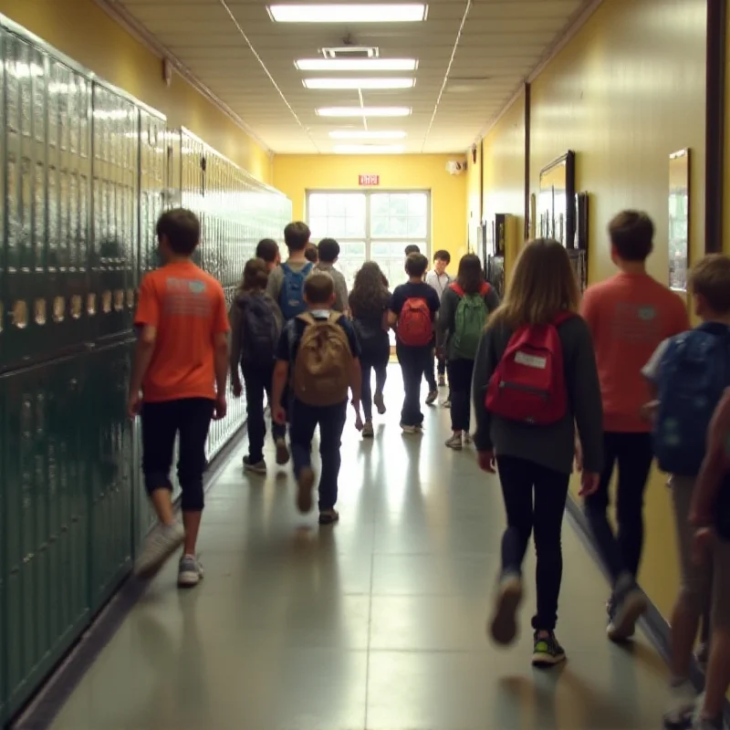 A school hallway with lockers lining the walls. Students are walking in both directions, some with backpacks. The overall atmosphere is busy and academic.