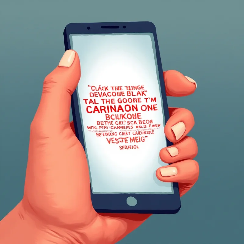 Illustration of a hand holding a phone with a scam warning on the screen.