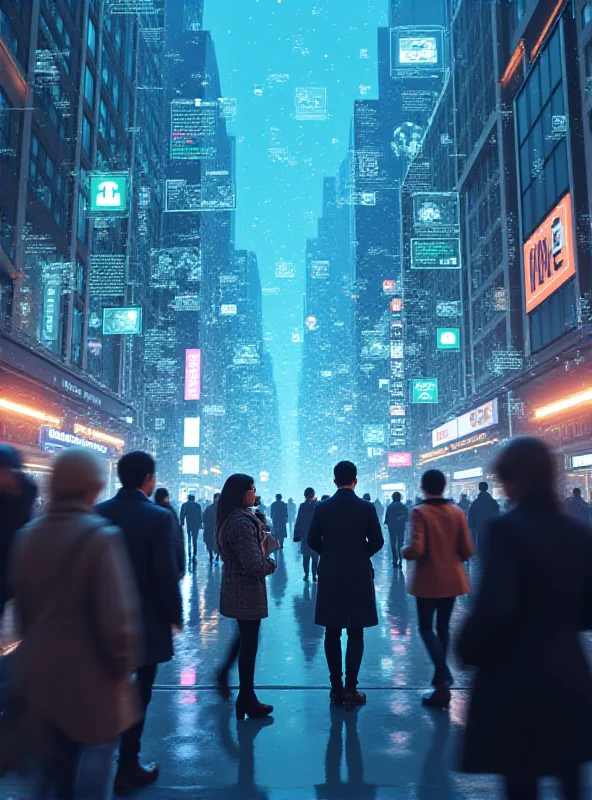 A futuristic cityscape with holographic AI chatbots interacting with people, symbolizing the disruption of traditional search.