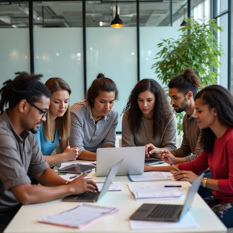 A diverse group of people collaborating in a modern office setting, reflecting diversity and inclusion in the workplace, despite Google's change in hiring practices.