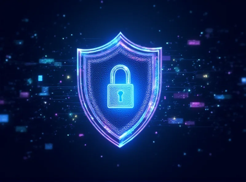 Illustration of a shield protecting data flowing through a network, representing AI security.