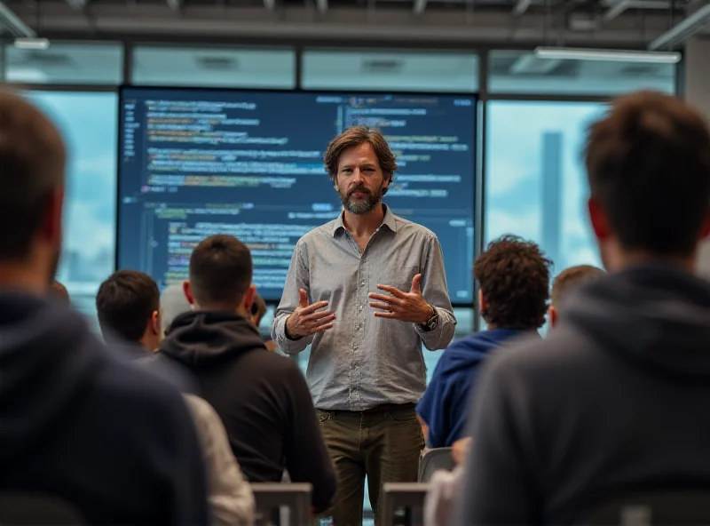 Sergey Brin addressing a Google team in a modern office setting.