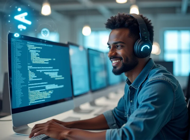 A person sitting at a computer, smiling, with code on the screen, representing AI-assisted software development.