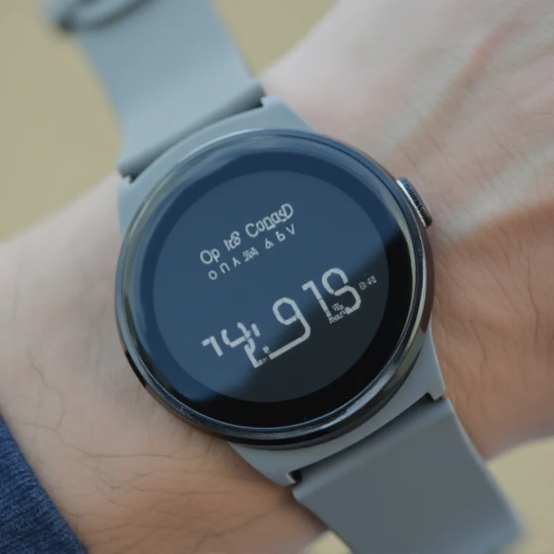 Close-up of a Google Pixel Watch displaying the date and time on its screen.