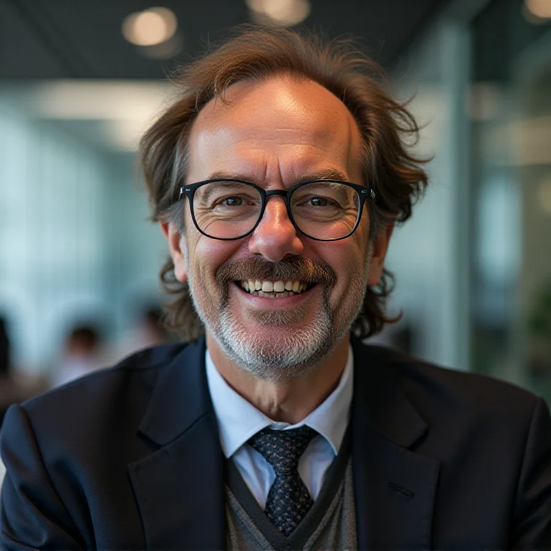 A portrait of Astro Teller, head of Alphabet's research division, smiling confidently. He is wearing glasses and has a thoughtful expression. The background is blurred, suggesting a dynamic and innovative work environment.