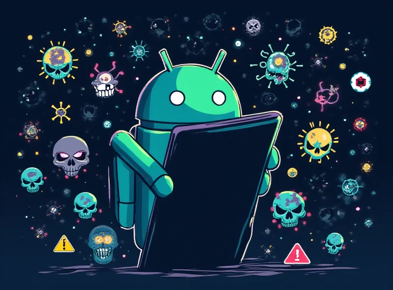 Illustration of a stylized Android phone with virus icons surrounding it