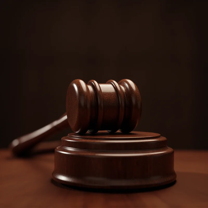 A gavel striking a sound block in a courtroom, symbolizing legal battles and antitrust scrutiny.