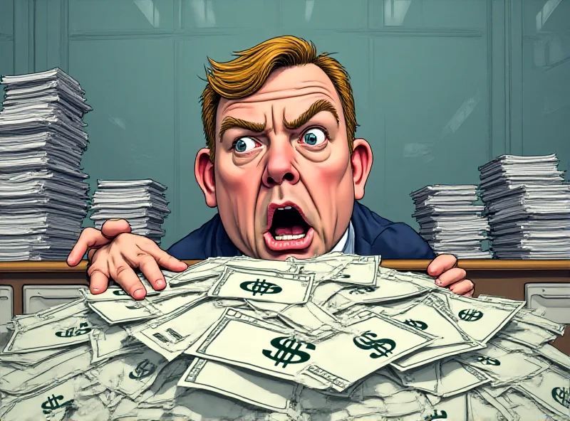 Illustration of a person looking shocked at documents with dollar signs, representing government fraud.