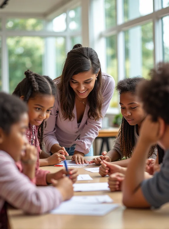 A diverse group of students working together on a project in a classroom, with the teacher guiding them.