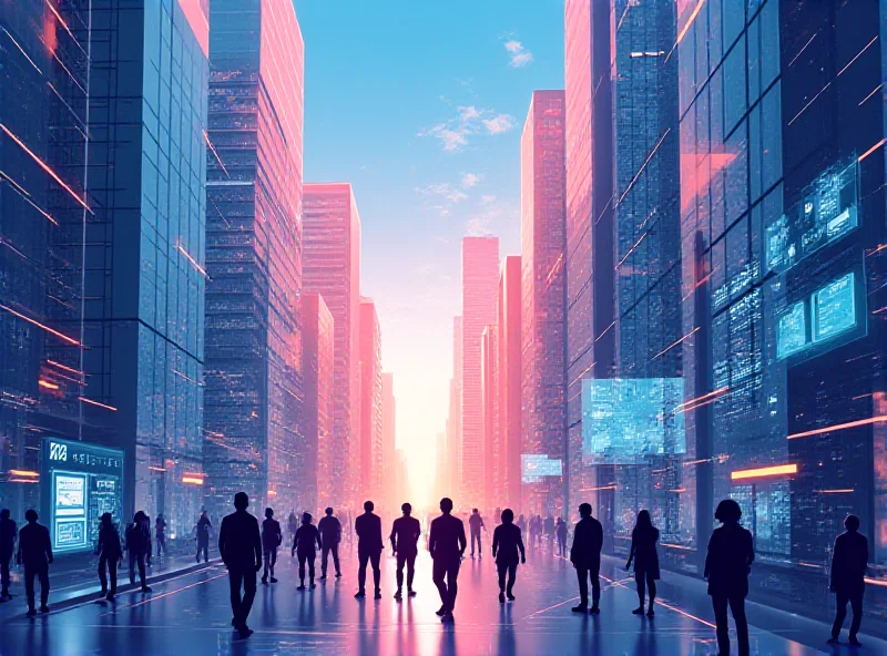 Illustration of a futuristic cityscape with digital interfaces and AI assistants interacting with people, symbolizing the integration of GPT-4.5 into daily life.