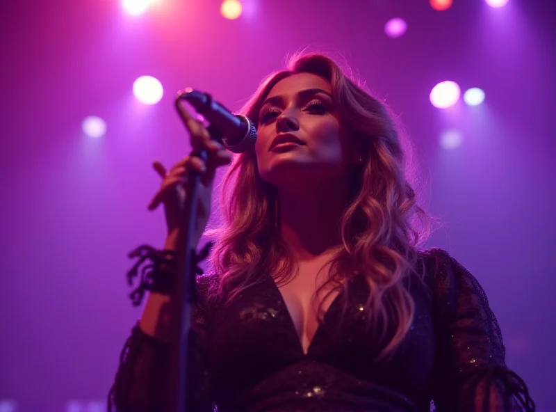 Gracie Abrams performing on stage with a microphone in hand, bathed in colorful stage lights.