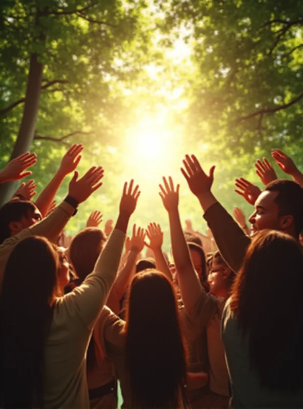 A diverse group of people from around the world holding hands in a circle, with a bright, hopeful light shining down from above.