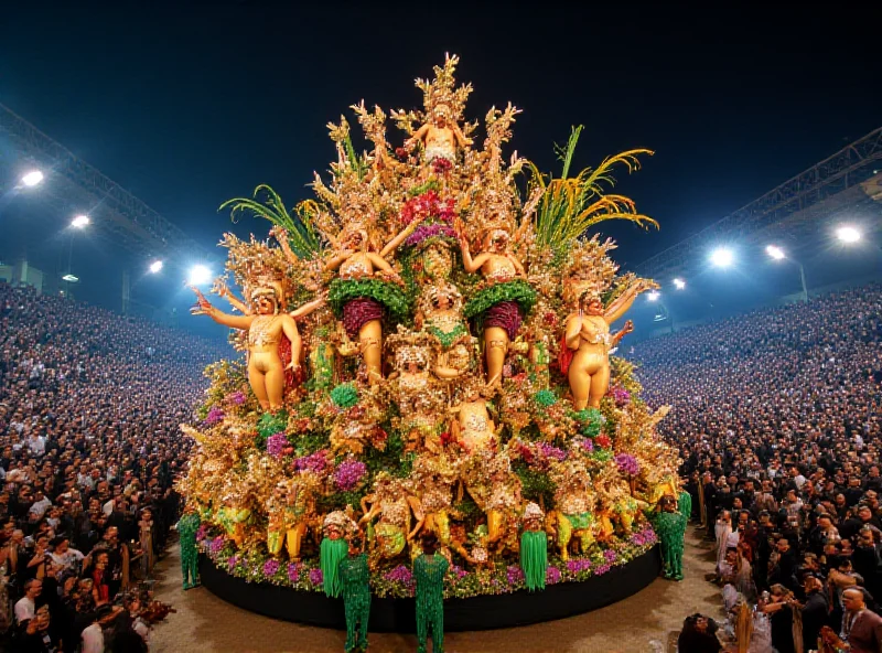 A vibrant and colorful float from Grande Rio Samba School during the Rio Carnival, with dancers in elaborate costumes.